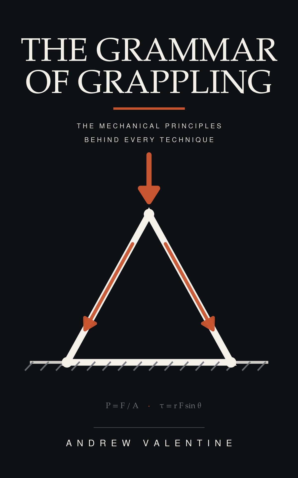 Cover of The Grammar of Grappling by Andrew Valentine: a white force triangle on a black ground, orange arrows showing load travelling down its sides into the floor.