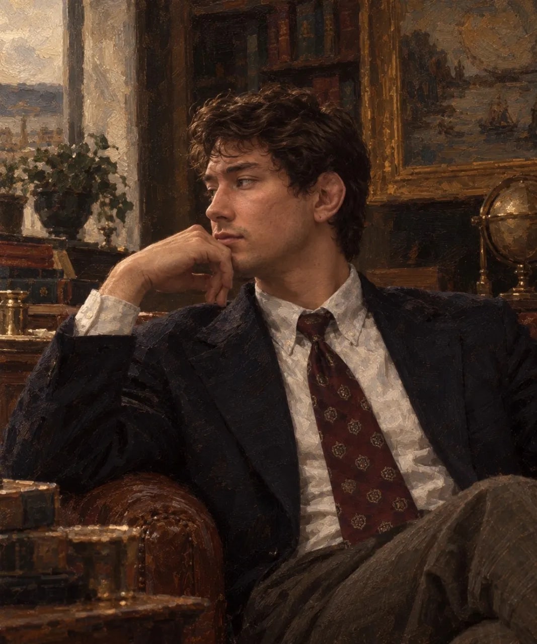 An oil-painted portrait of Andrew Valentine seated in a leather armchair in a study, chin resting on his hand, in a dark jacket and patterned tie, with bookshelves, a globe and a window behind him.